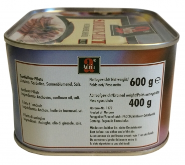 Preview: Sardellen Filets ADRIA in Sonnenblumenöl Dose 600g., Abtropfgewicht 400 g