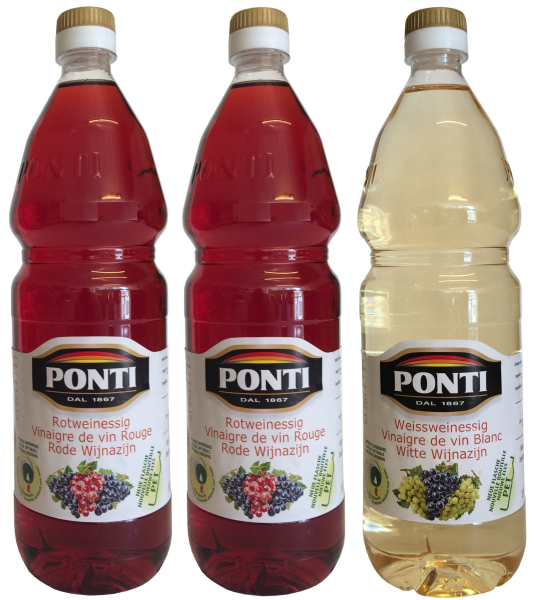 2 x Rot, 1 x Weiß Weinessig PONTI (3 X 1000ml) PET Flasche Aceto di Vino Classico